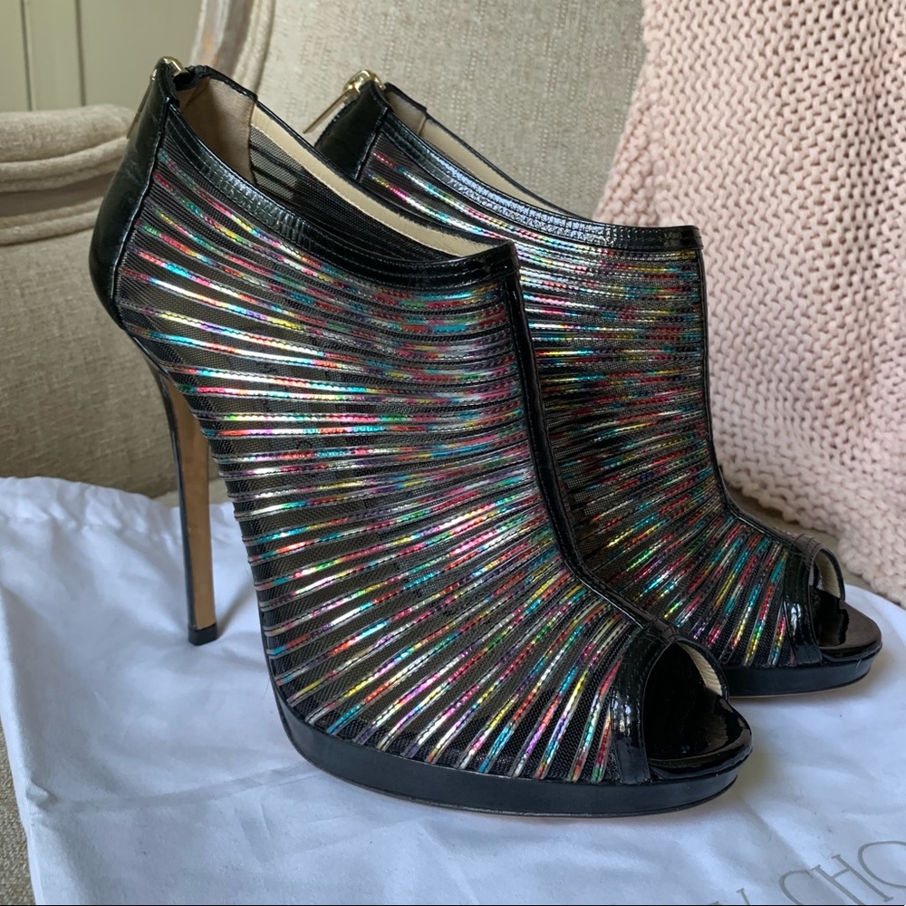 Jimmy Choo Hologram & Black Patent Peep-Toe Bootie
